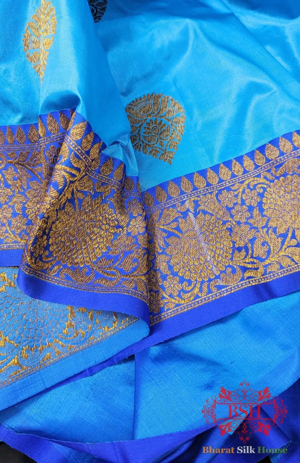 Pure Banarasi Handloom Katan Silk Antique Zari Saree In Shades Of Royal Blue - Bharat Silk House Pure Kataan Silk