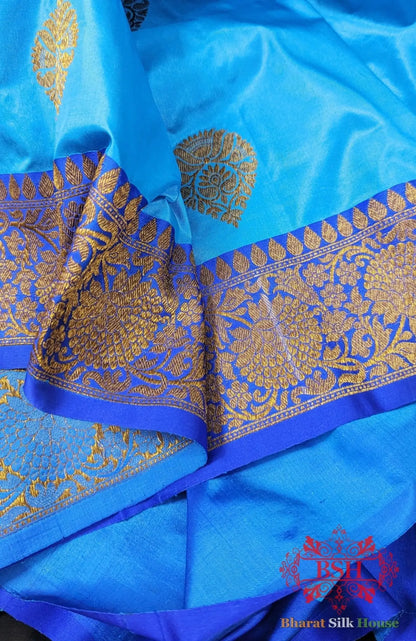 Pure Banarasi Handloom Katan Silk Antique Zari Saree In Shades Of Royal Blue - Bharat Silk House Pure Kataan Silk