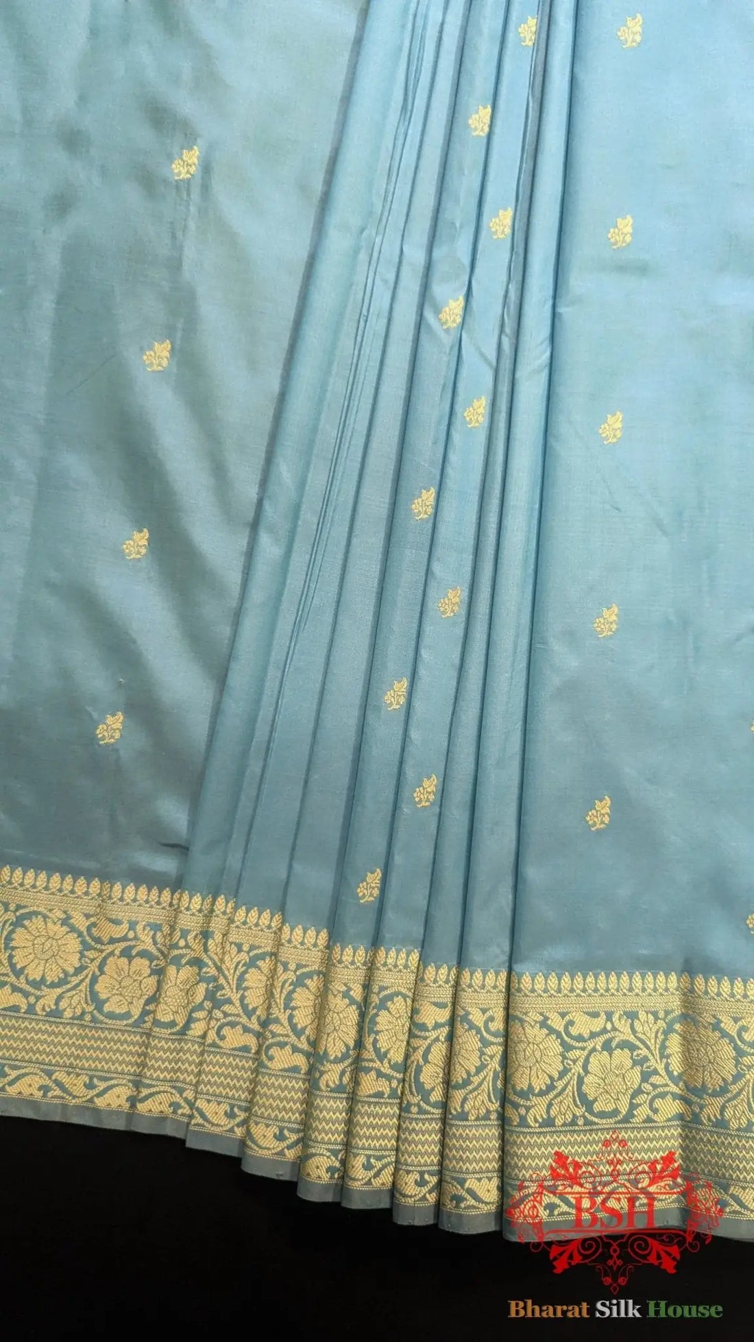 Pure Banarasi Handloom Katan Silk Antique Zari Saree In Shades Of Sky Blue - Bharat Silk House Pure Kataan Silk
