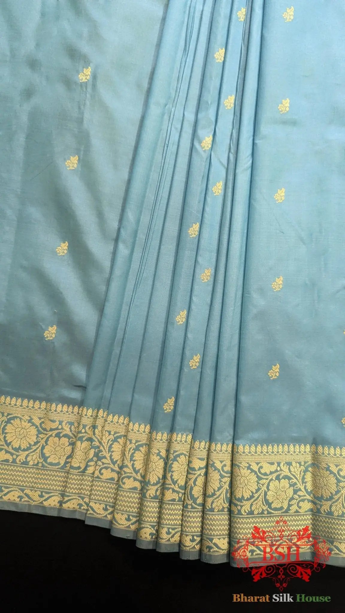 Pure Banarasi Handloom Katan Silk Antique Zari Saree In Shades Of Sky Blue - Bharat Silk House Pure Kataan Silk