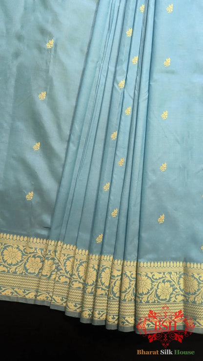 Pure Banarasi Handloom Katan Silk Antique Zari Saree In Shades Of Sky Blue - Bharat Silk House Pure Kataan Silk