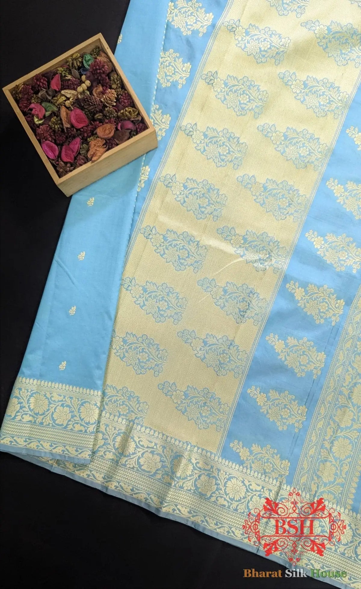 Pure Banarasi Handloom Katan Silk Antique Zari Saree In Shades Of Sky Blue - Bharat Silk House Pure Kataan Silk