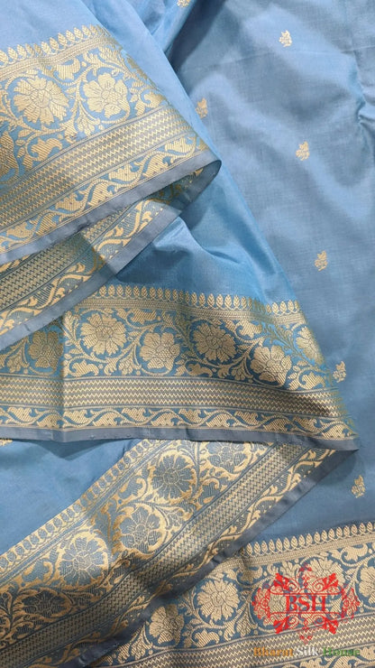 Pure Banarasi Handloom Katan Silk Antique Zari Saree In Shades Of Sky Blue - Bharat Silk House Pure Kataan Silk