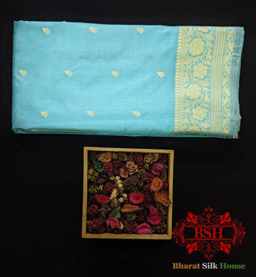 Pure Banarasi Handloom Katan Silk Antique Zari Saree In Shades Of Sky Blue - Bharat Silk House Pure Kataan Silk