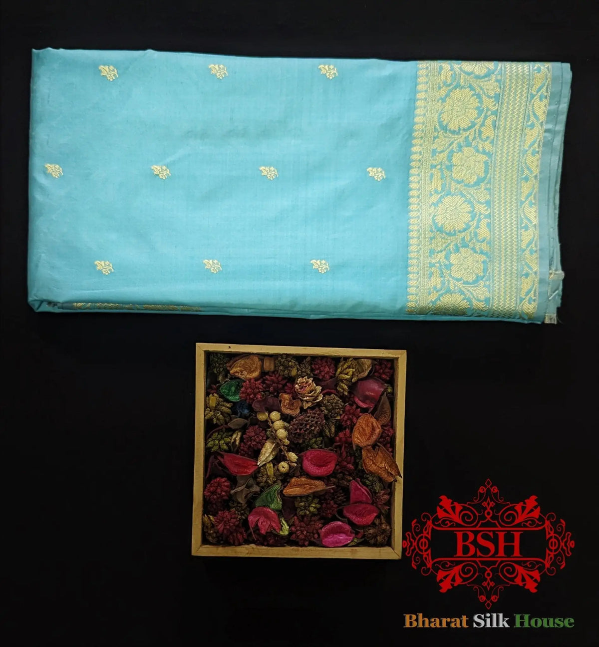 Pure Banarasi Handloom Katan Silk Antique Zari Saree In Shades Of Sky Blue - Bharat Silk House Pure Kataan Silk