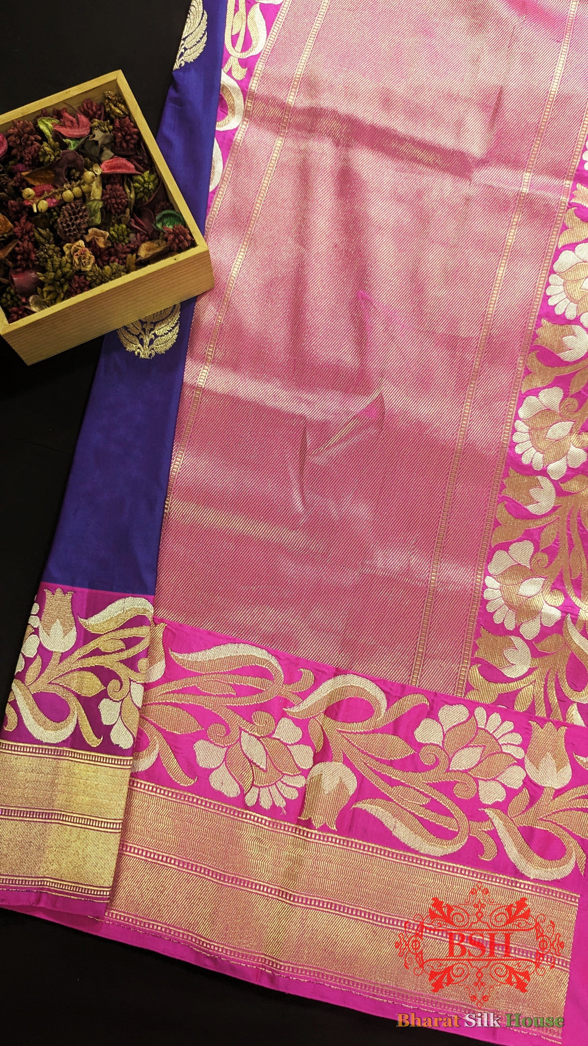 Pure Banarasi Handloom Katan Silk Antique Zari Saree In Shades Of Violet - Bharat Silk House