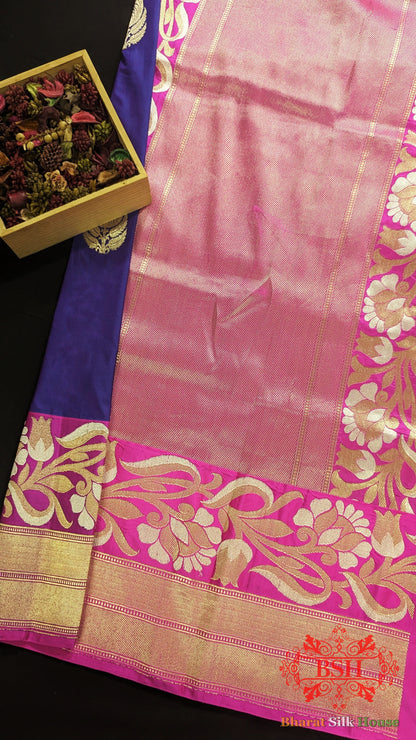 Pure Banarasi Handloom Katan Silk Antique Zari Saree In Shades Of Violet - Bharat Silk House