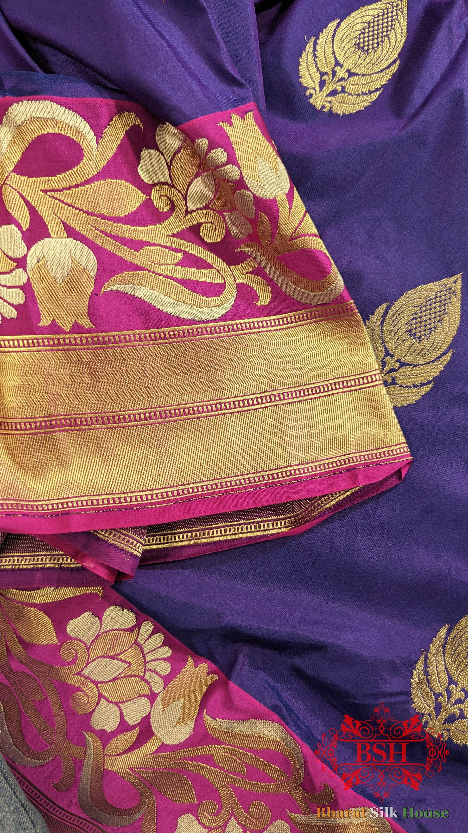 Pure Banarasi Handloom Katan Silk Antique Zari Saree In Shades Of Violet - Bharat Silk House