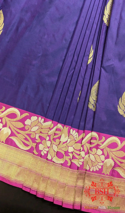 Pure Banarasi Handloom Katan Silk Antique Zari Saree In Shades Of Violet - Bharat Silk House Pure Kataan Silk
