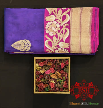 Pure Banarasi Handloom Katan Silk Antique Zari Saree In Shades Of Violet - Bharat Silk House Pure Kataan Silk