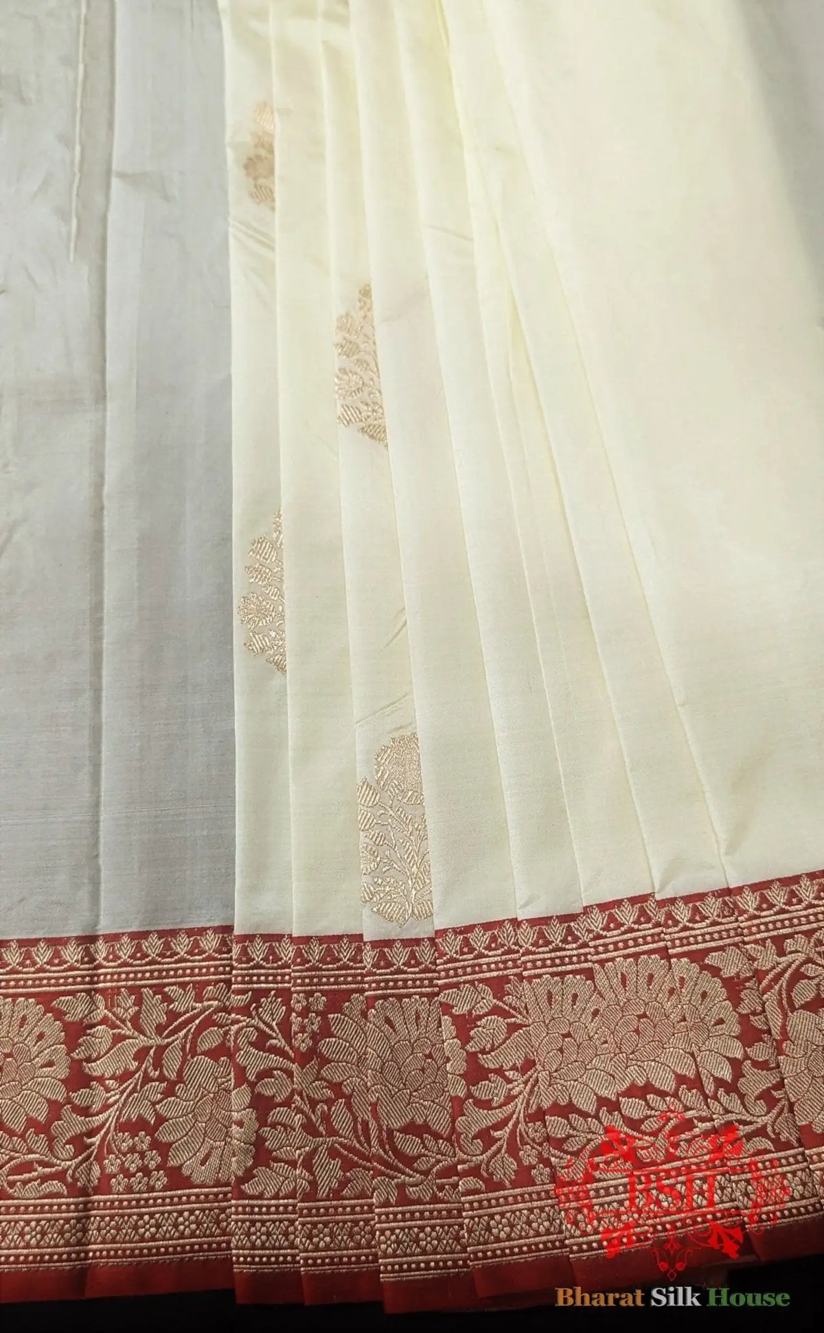 Pure Banarasi Handloom Katan Silk Antique Zari Saree In Shades Of White - Bharat Silk House Pure Kataan Silk