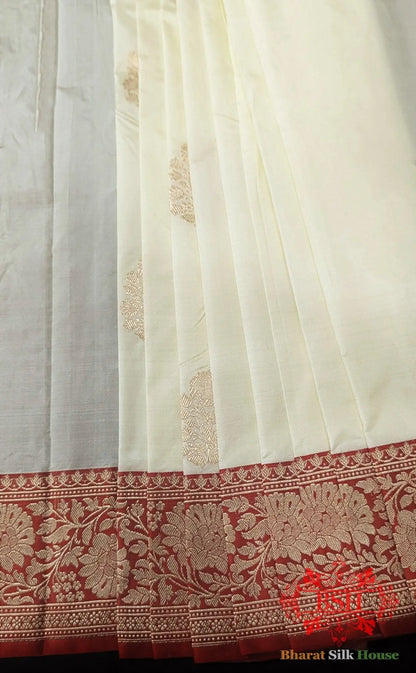Pure Banarasi Handloom Katan Silk Antique Zari Saree In Shades Of White - Bharat Silk House Pure Kataan Silk