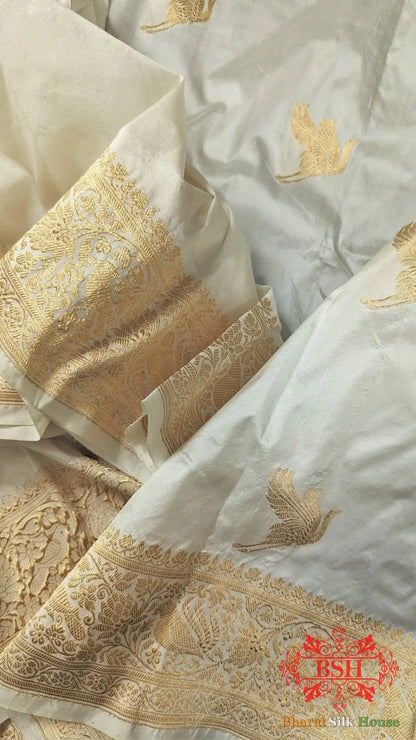 Pure Banarasi Handloom Katan Silk Antique Zari Saree In Shades Of White - Bharat Silk House Pure Kataan Silk