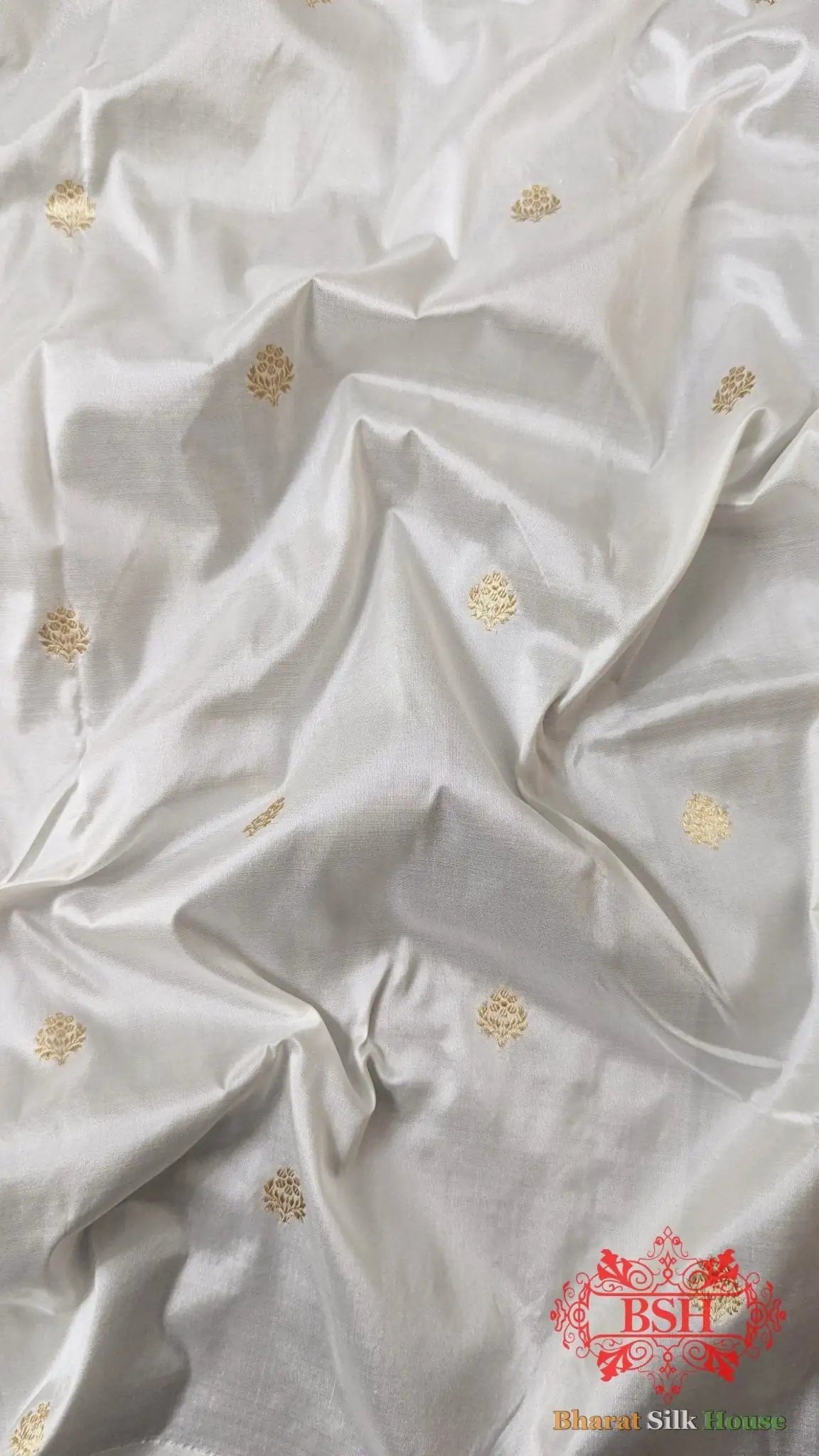 Pure Banarasi Handloom Katan Silk Antique Zari Saree In Shades Of White - Bharat Silk House Pure Kataan Silk