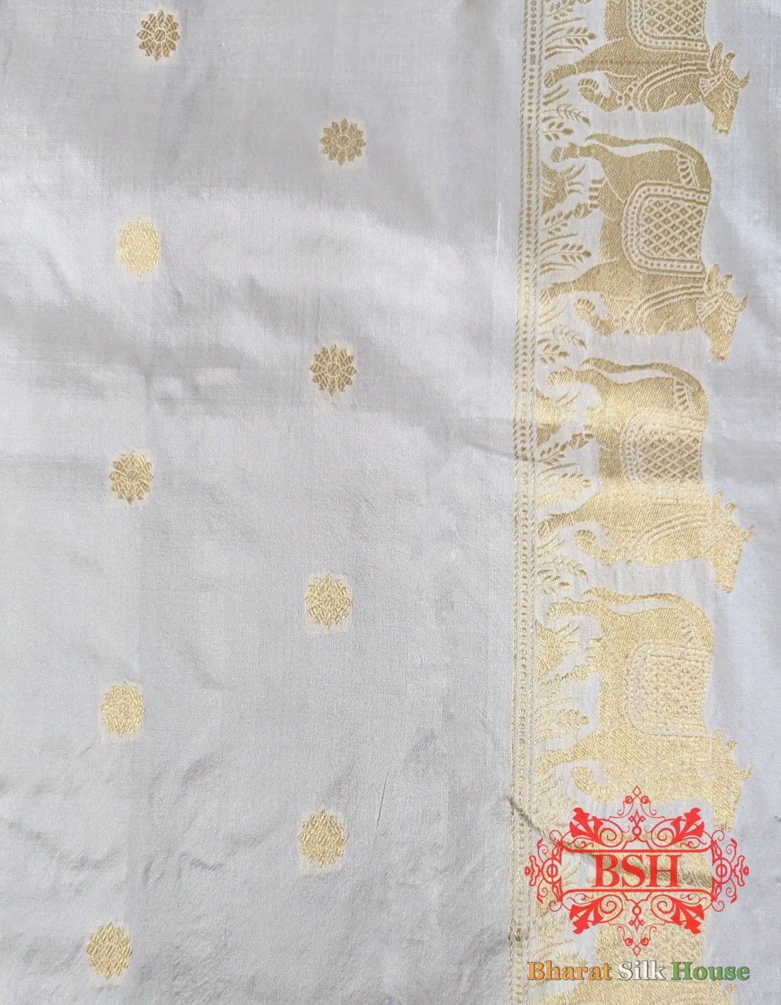Pure Banarasi Handloom Katan Silk Antique Zari Saree In Shades Of White - Bharat Silk House Pure Kataan Silk
