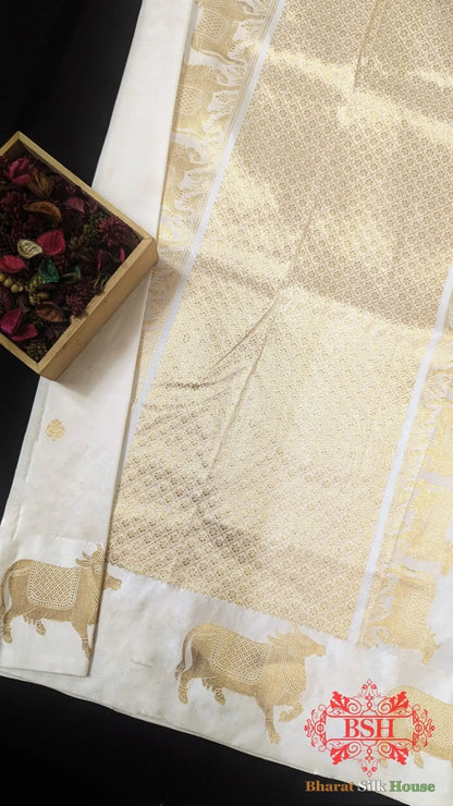 Pure Banarasi Handloom Katan Silk Antique Zari Saree In Shades Of White - Bharat Silk House Pure Kataan Silk