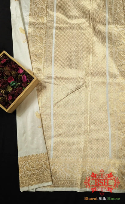 Pure Banarasi Handloom Katan Silk Antique Zari Saree In Shades Of White - Bharat Silk House Pure Kataan Silk