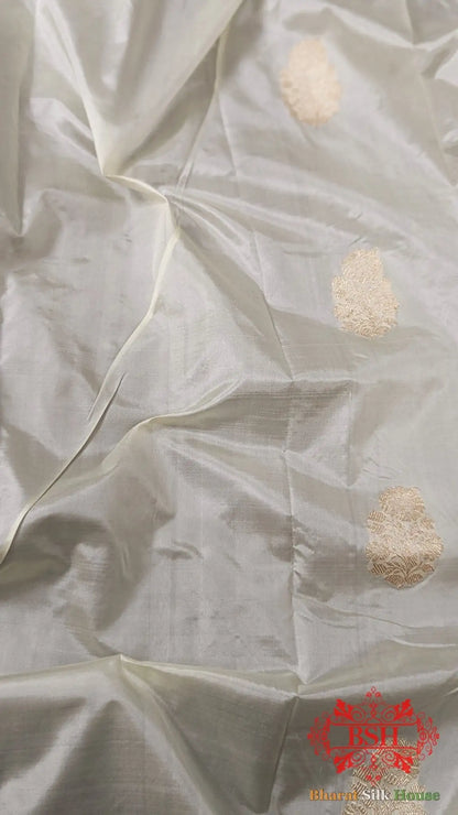 Pure Banarasi Handloom Katan Silk Antique Zari Saree In Shades Of White - Bharat Silk House Pure Kataan Silk
