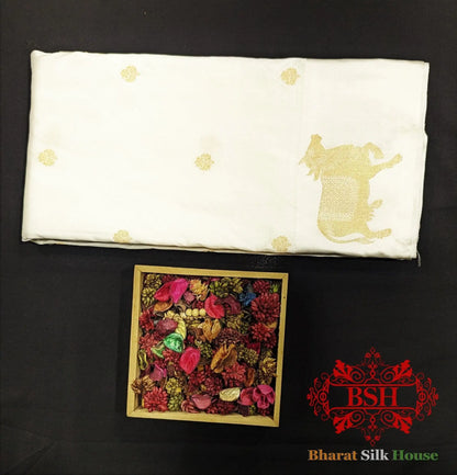 Pure Banarasi Handloom Katan Silk Antique Zari Saree In Shades Of White - Bharat Silk House Pure Kataan Silk