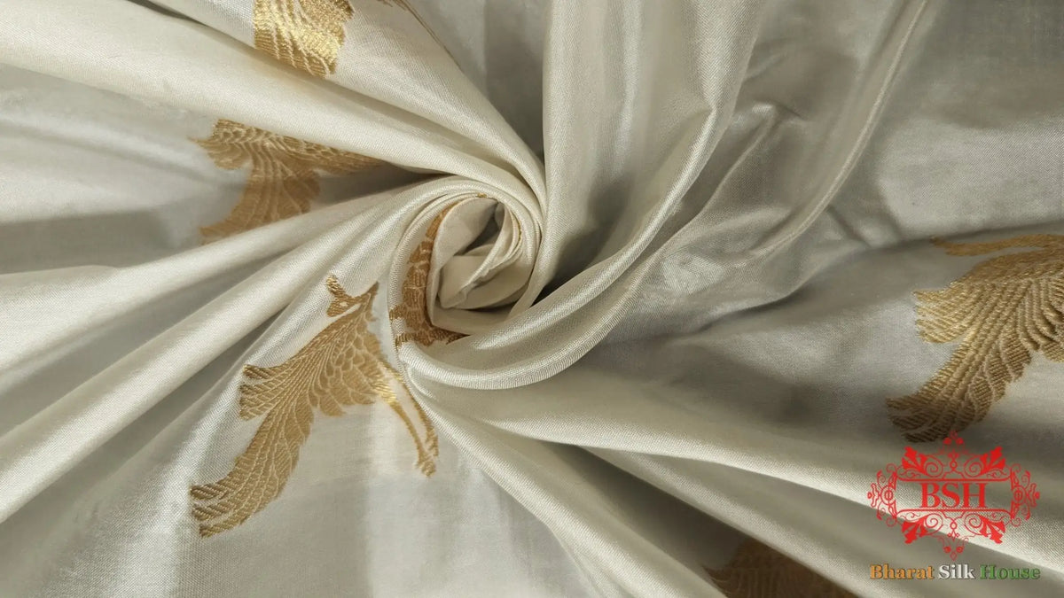 Pure Banarasi Handloom Katan Silk Antique Zari Saree In Shades Of White - Bharat Silk House Pure Kataan Silk