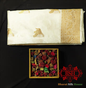 Pure Banarasi Handloom Katan Silk Antique Zari Saree In Shades Of White - Bharat Silk House Pure Kataan Silk