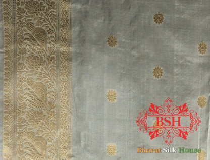 Pure Banarasi Handloom Katan Silk Antique Zari Saree In Shades Of White - Bharat Silk House Pure Kataan Silk