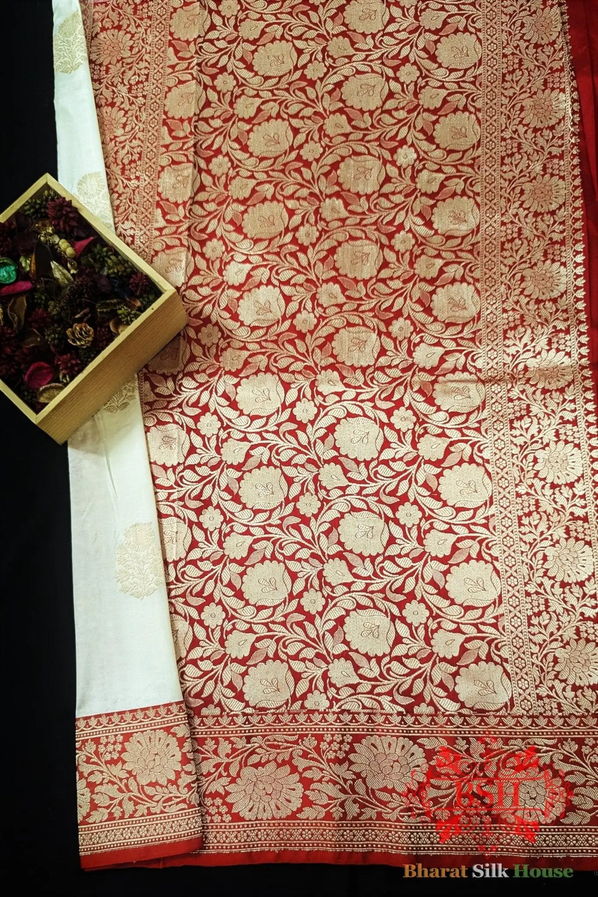 Pure Banarasi Handloom Katan Silk Antique Zari Saree In Shades Of White - Bharat Silk House Pure Kataan Silk