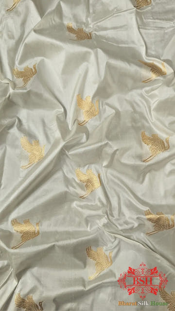Pure Banarasi Handloom Katan Silk Antique Zari Saree In Shades Of White - Bharat Silk House Pure Kataan Silk