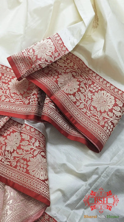 Pure Banarasi Handloom Katan Silk Antique Zari Saree In Shades Of White - Bharat Silk House Pure Kataan Silk