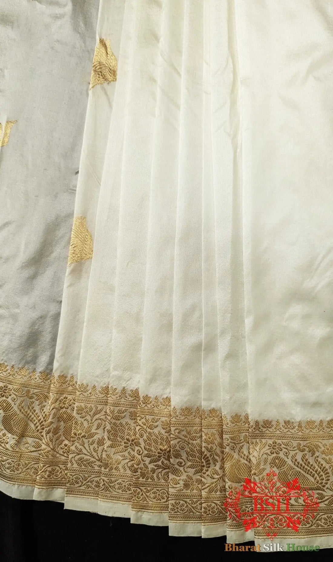 Pure Banarasi Handloom Katan Silk Antique Zari Saree In Shades Of White - Bharat Silk House Pure Kataan Silk