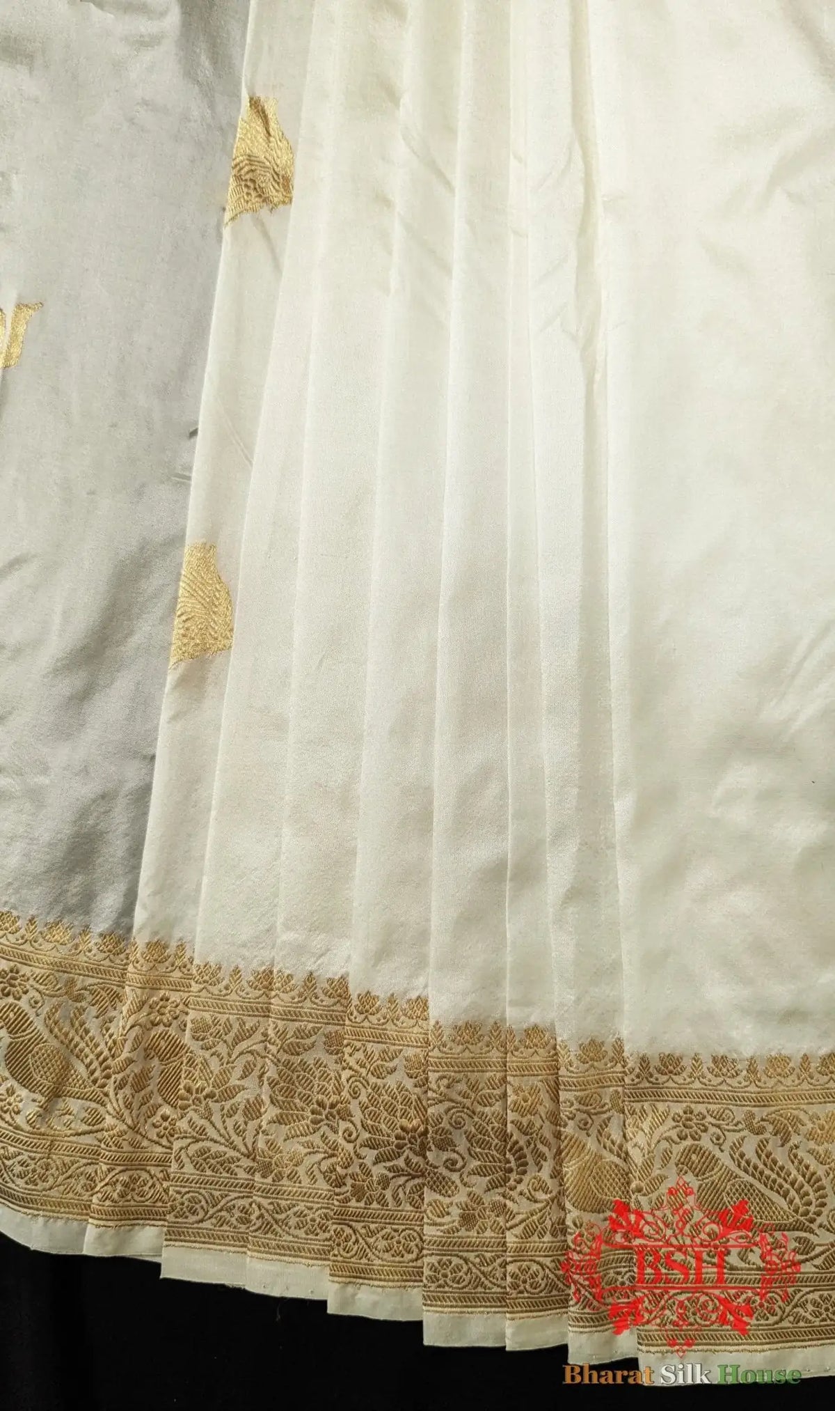 Pure Banarasi Handloom Katan Silk Antique Zari Saree In Shades Of White - Bharat Silk House Pure Kataan Silk
