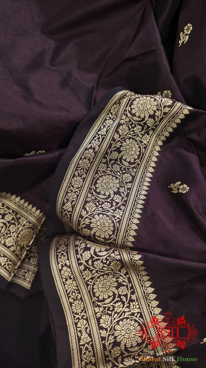 Pure Banarasi Handloom Katan Silk Antique Zari Saree In Shades Of Wine - Bharat Silk House Pure Kataan Silk