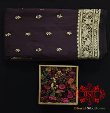 Pure Banarasi Handloom Katan Silk Antique Zari Saree In Shades Of Wine - Bharat Silk House Pure Kataan Silk