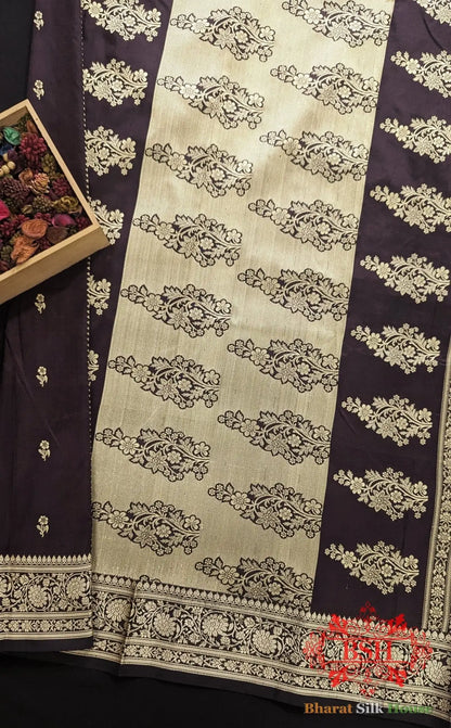 Pure Banarasi Handloom Katan Silk Antique Zari Saree In Shades Of Wine - Bharat Silk House Pure Kataan Silk