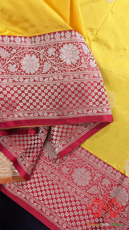 Pure Banarasi Handloom Katan Silk Antique Zari Saree In Shades Of Yellow - Bharat Silk House