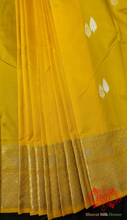 Pure Banarasi Handloom Katan Silk Antique Zari Saree In Shades Of Yellow - Bharat Silk House Pure Kataan Silk