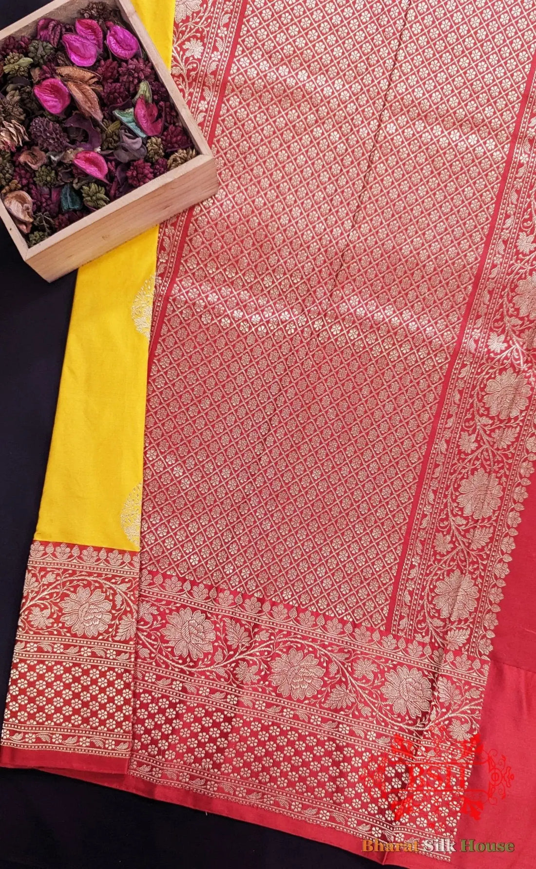 Pure Banarasi Handloom Katan Silk Antique Zari Saree In Shades Of Yellow - Bharat Silk House Pure Kataan Silk