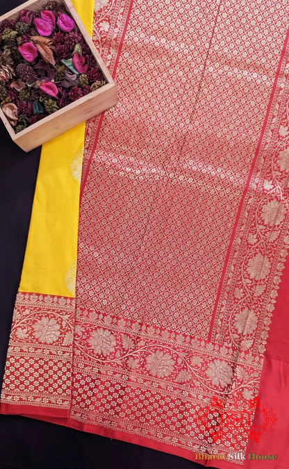 Pure Banarasi Handloom Katan Silk Antique Zari Saree In Shades Of Yellow - Bharat Silk House Pure Kataan Silk