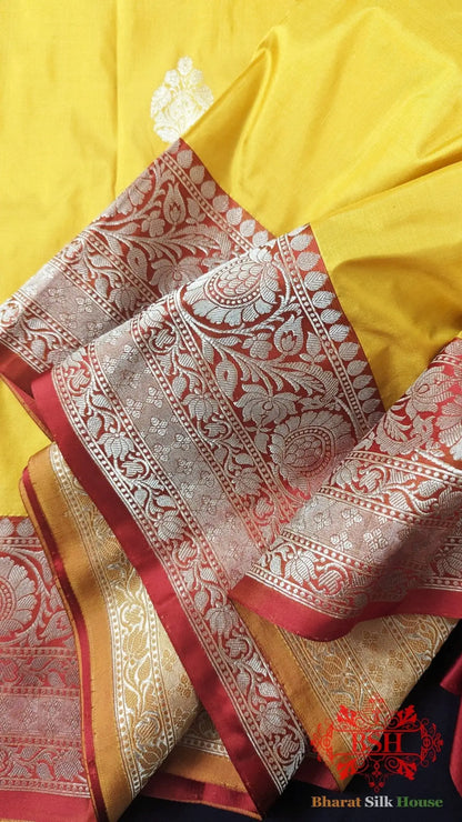 Pure Banarasi Handloom Katan Silk Antique Zari Saree In Shades Of Yellow - Bharat Silk House Pure Kataan Silk