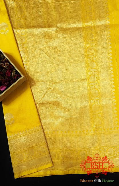 Pure Banarasi Handloom Katan Silk Antique Zari Saree In Shades Of Yellow - Bharat Silk House Pure Kataan Silk