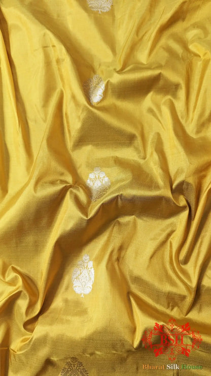 Pure Banarasi Handloom Katan Silk Antique Zari Saree In Shades Of Yellow - Bharat Silk House Pure Kataan Silk