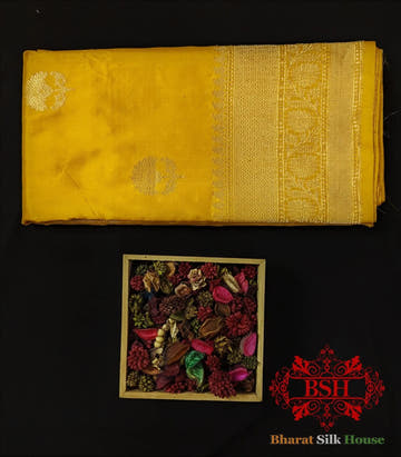 Pure Banarasi Handloom Katan Silk Antique Zari Saree In Shades Of Yellow - Bharat Silk House Pure Kataan Silk