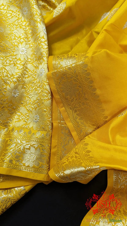 Pure Banarasi Handloom Katan Silk Antique Zari Saree In Shades Of Yellow - Bharat Silk House Pure Kataan Silk
