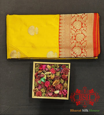 Pure Banarasi Handloom Katan Silk Antique Zari Saree In Shades Of Yellow - Bharat Silk House Pure Kataan Silk