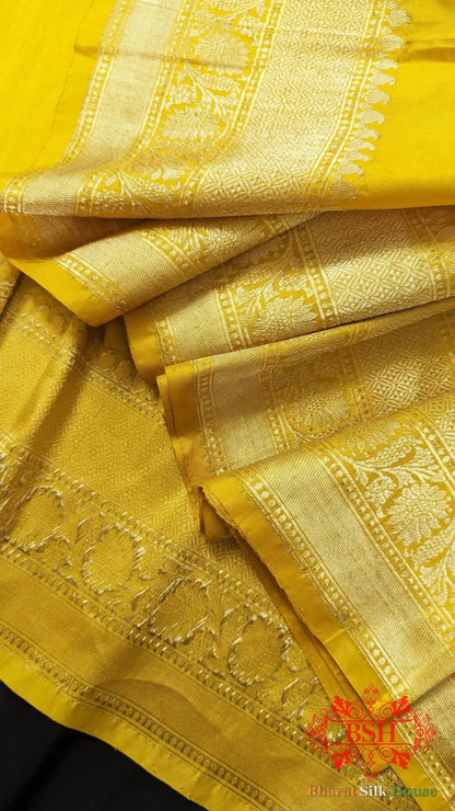 Pure Banarasi Handloom Katan Silk Antique Zari Saree In Shades Of Yellow - Bharat Silk House Pure Kataan Silk