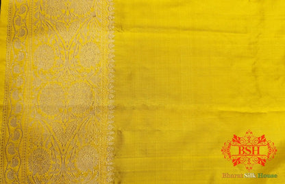 Pure Banarasi Handloom Katan Silk Antique Zari Saree In Shades Of Yellow - Bharat Silk House Pure Kataan Silk