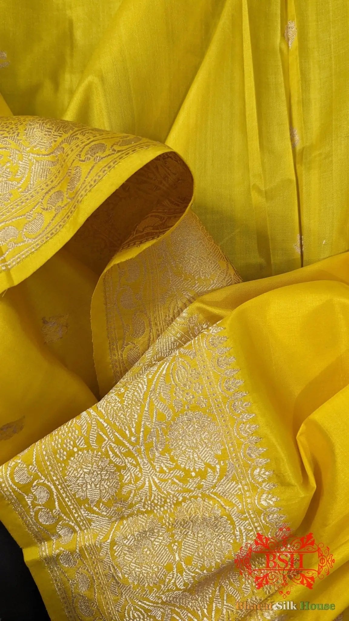 Pure Banarasi Handloom Katan Silk Antique Zari Saree In Shades Of Yellow - Bharat Silk House Pure Kataan Silk
