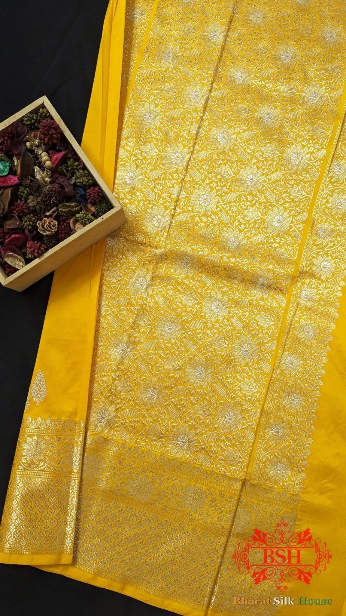Pure Banarasi Handloom Katan Silk Antique Zari Saree In Shades Of Yellow - Bharat Silk House Pure Kataan Silk