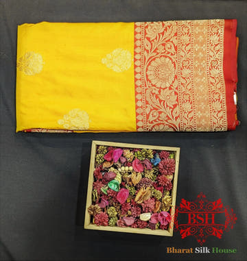 Pure Banarasi Handloom Katan Silk Antique Zari Saree In Shades Of Yellow - Bharat Silk House Pure Kataan Silk