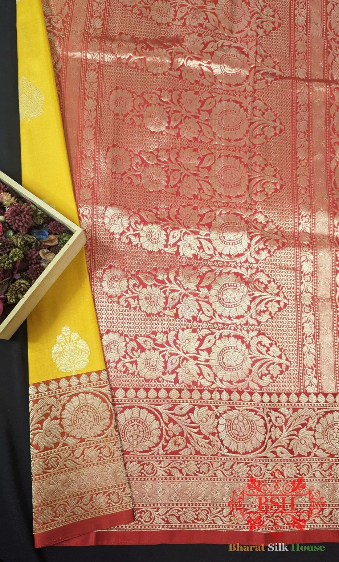 Pure Banarasi Handloom Katan Silk Antique Zari Saree In Shades Of Yellow - Bharat Silk House Pure Kataan Silk